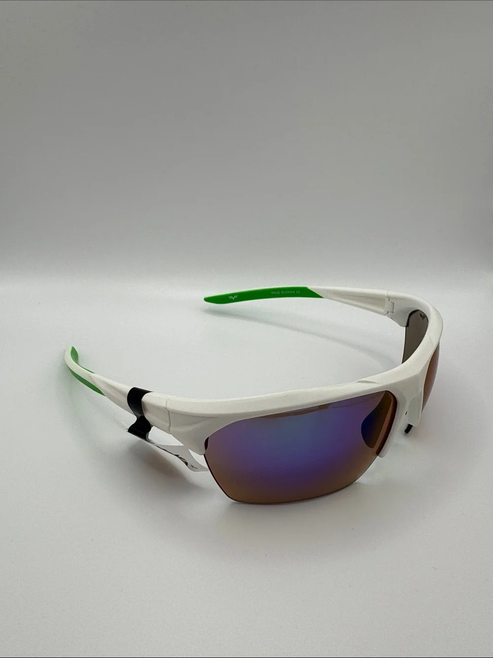 White and Green Men's Sport Sunglasses with Purple Mirrored Lenses